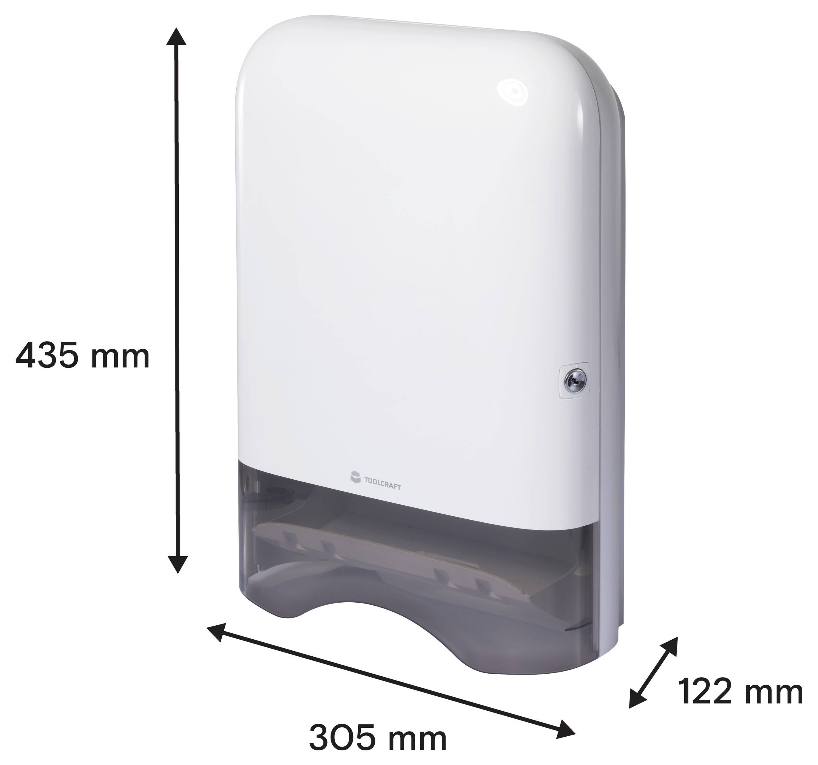 Hvid vægmonteringsdispenser vist med dimensioner: 435 mm høj, 305 mm bred og 122 mm dyb.