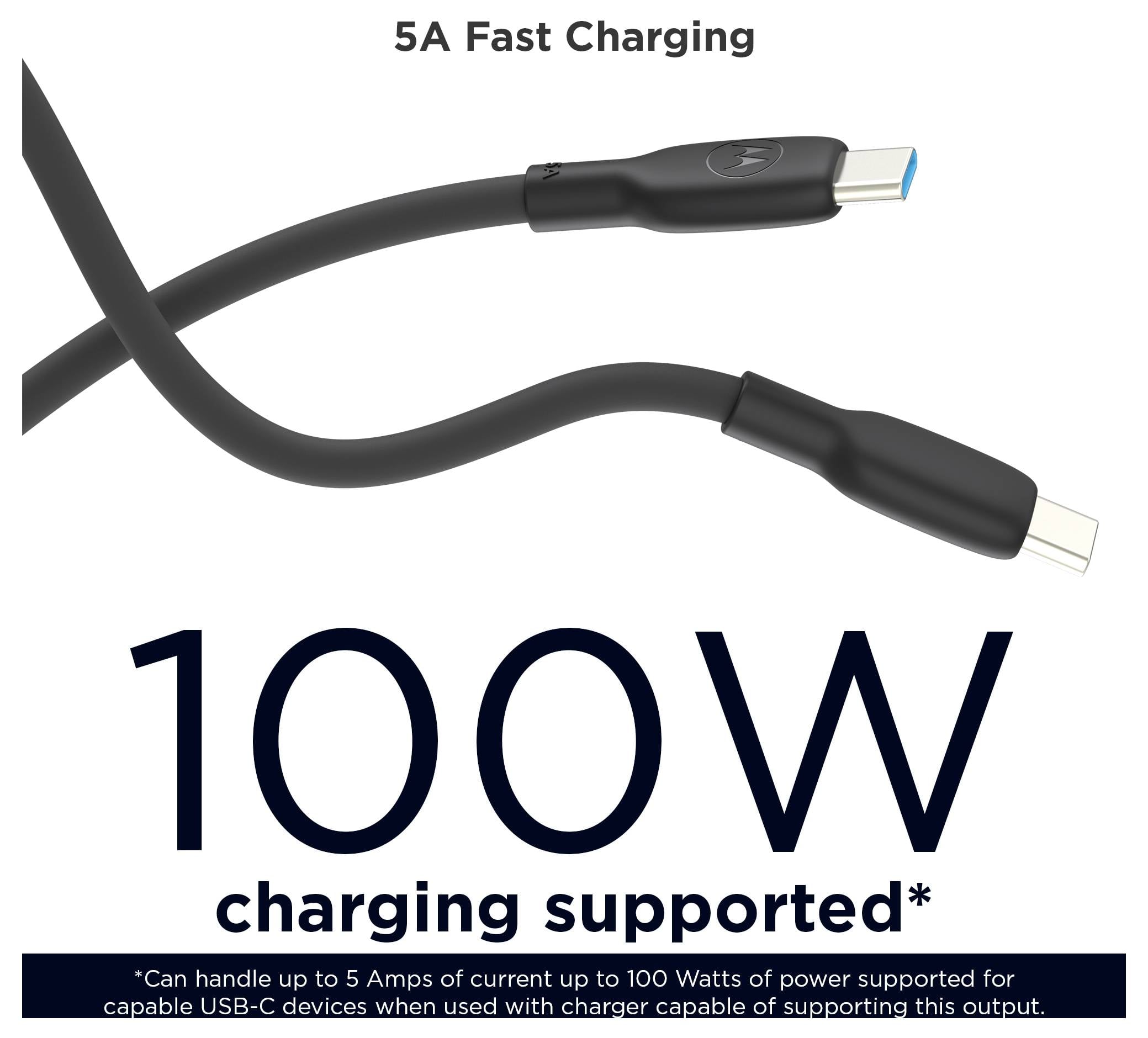 Promotiongrafik for USB-C-kabel med '5A Hurtiglading', '100W opladning understøttet*', og en note om at det kan håndtere op til 5 ampere og 100 watt med en kompatibel oplader.