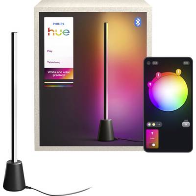 Philips Hue Play Bordlampe med farve- og gradientbelysning, vist med Bluetooth-appens farvekontroleringsskærm på en telefon.