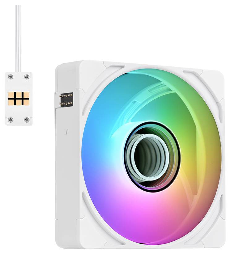Hvid LED-blæser med regnbue RGB-ring på et hvidt kabinet, vist med et lille kontrolforbindelses-modul og ledninger.