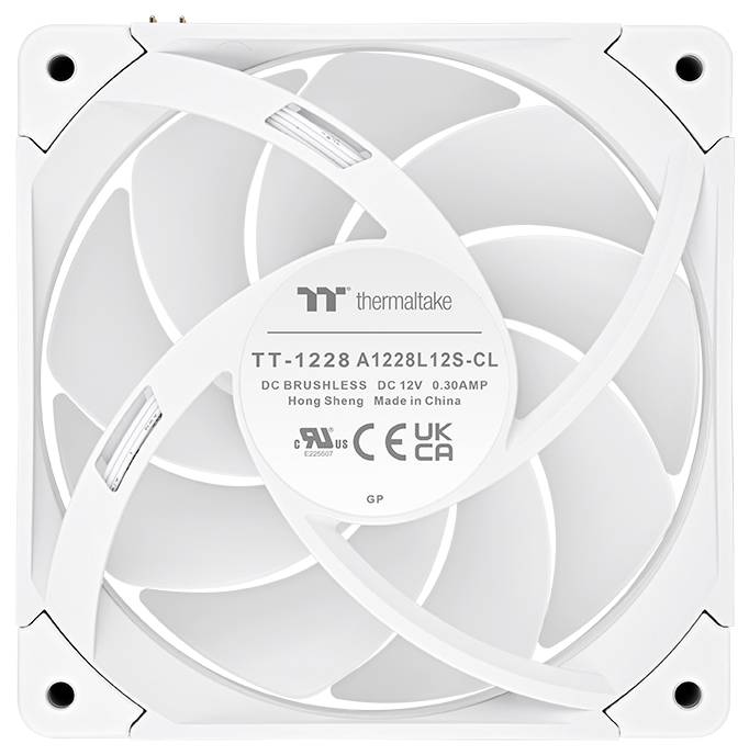 Hvid Thermaltake computerkølingventilator med ni blade og hjørneskruehuller, mærket TT-1228 A1228L12S-CL, DC 12V 0,30A.