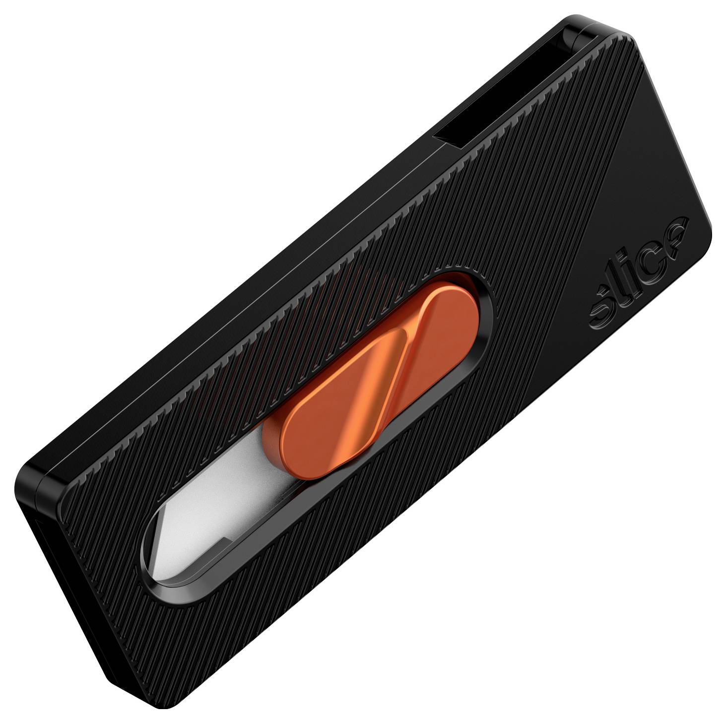 Sort SliCz-enhed med en orange glideknap og en slot, vist på hvid baggrund.