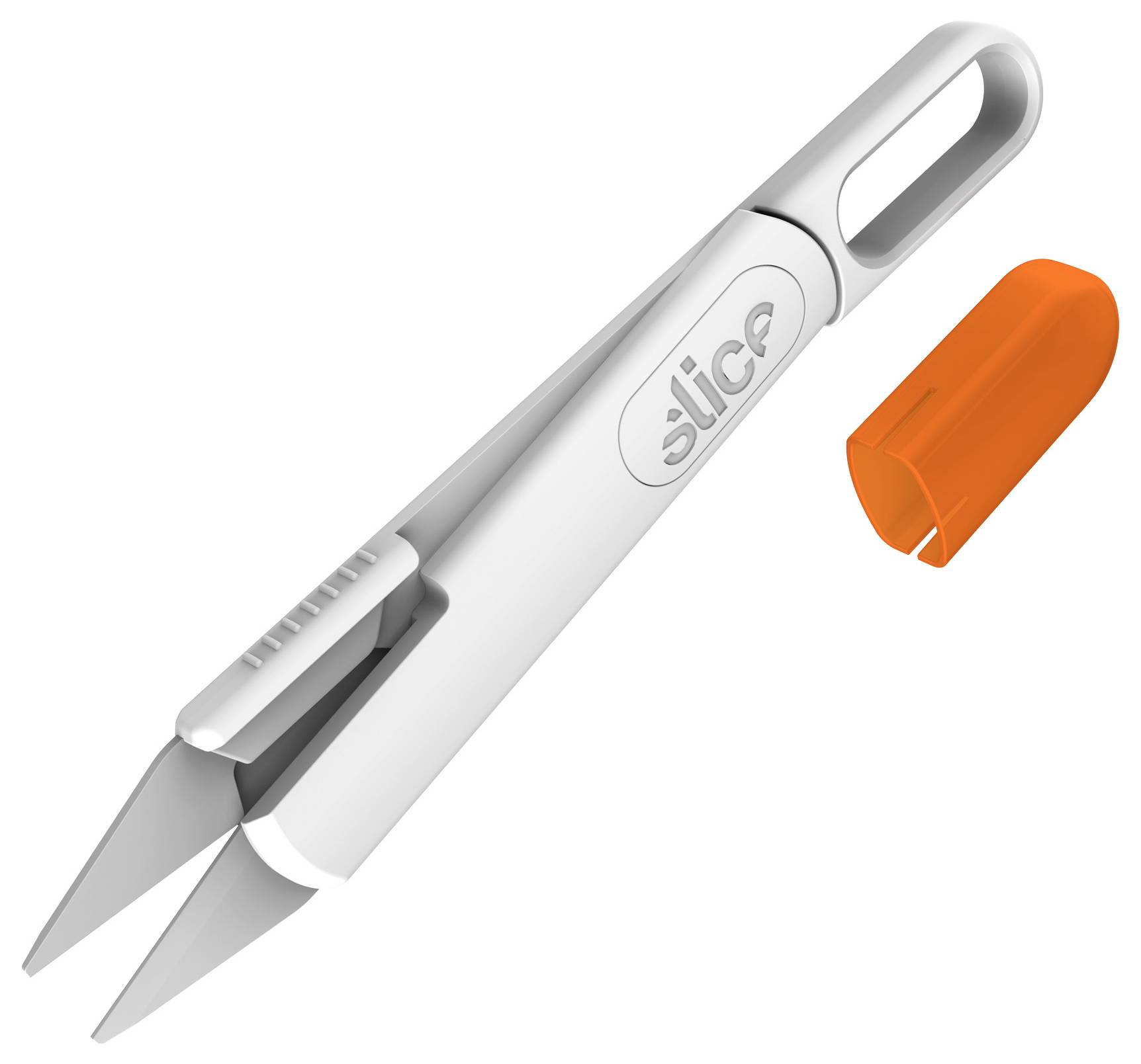 Silver Slice papirskærer med orange bladbeskyttelse fjernet, viser de spidse klappeskæringer og ergonomisk håndtag.