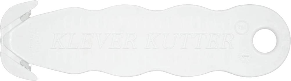 Hvid plastikflaskeåbner mærket 'KLEVER KUTTER' med et rundt ophængningshul og savtakket skærende ende.