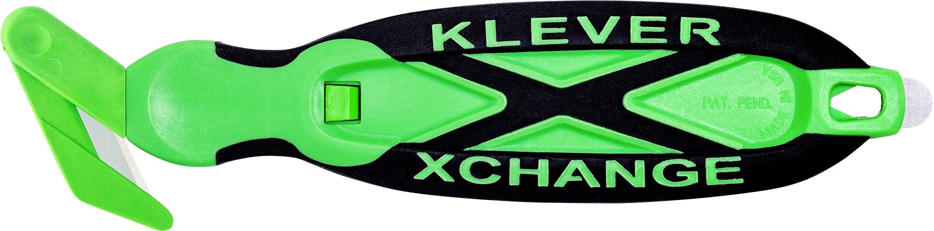 Grønt og sort KLEVER XCHANGE brugskniv med foldbar klinge og læremuljehul, vist i sidevisning.