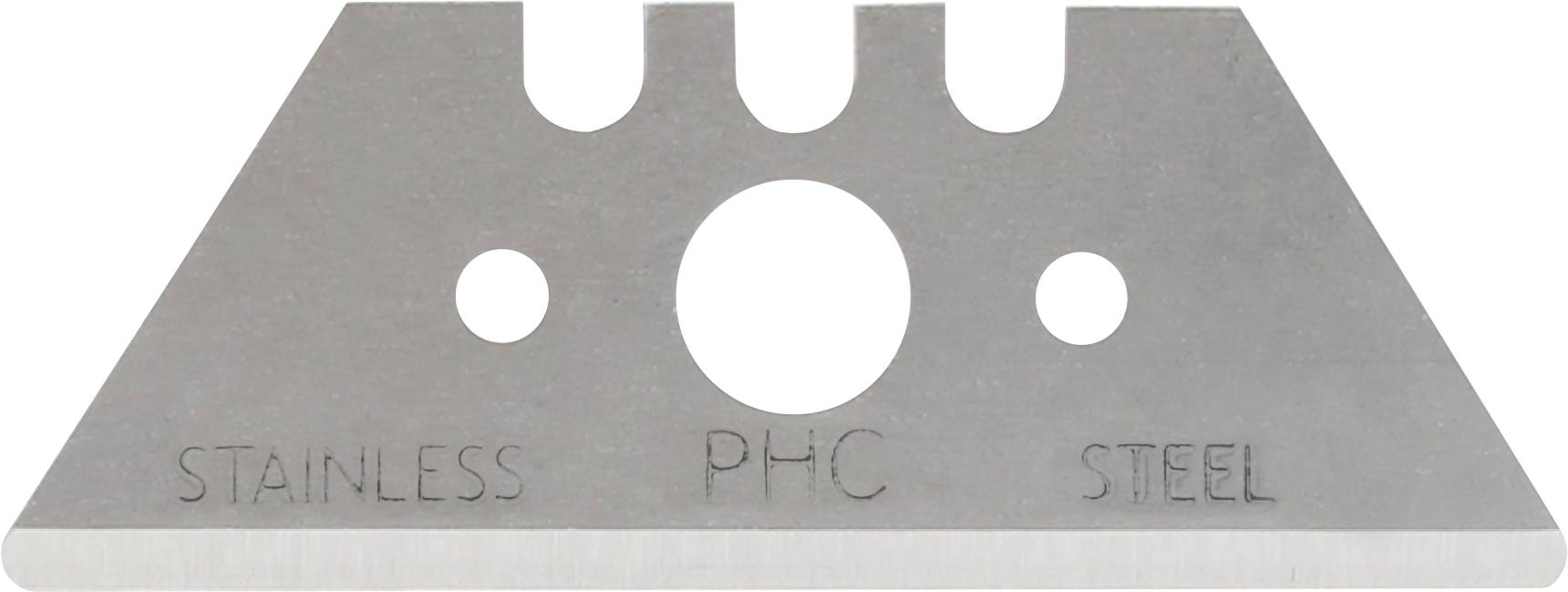 Nærbillede af en rustfrit stål-værktoejsblad med tre cirkulære huller og ordene 'STAINLESS PHC STEEL' indgraveret på det.