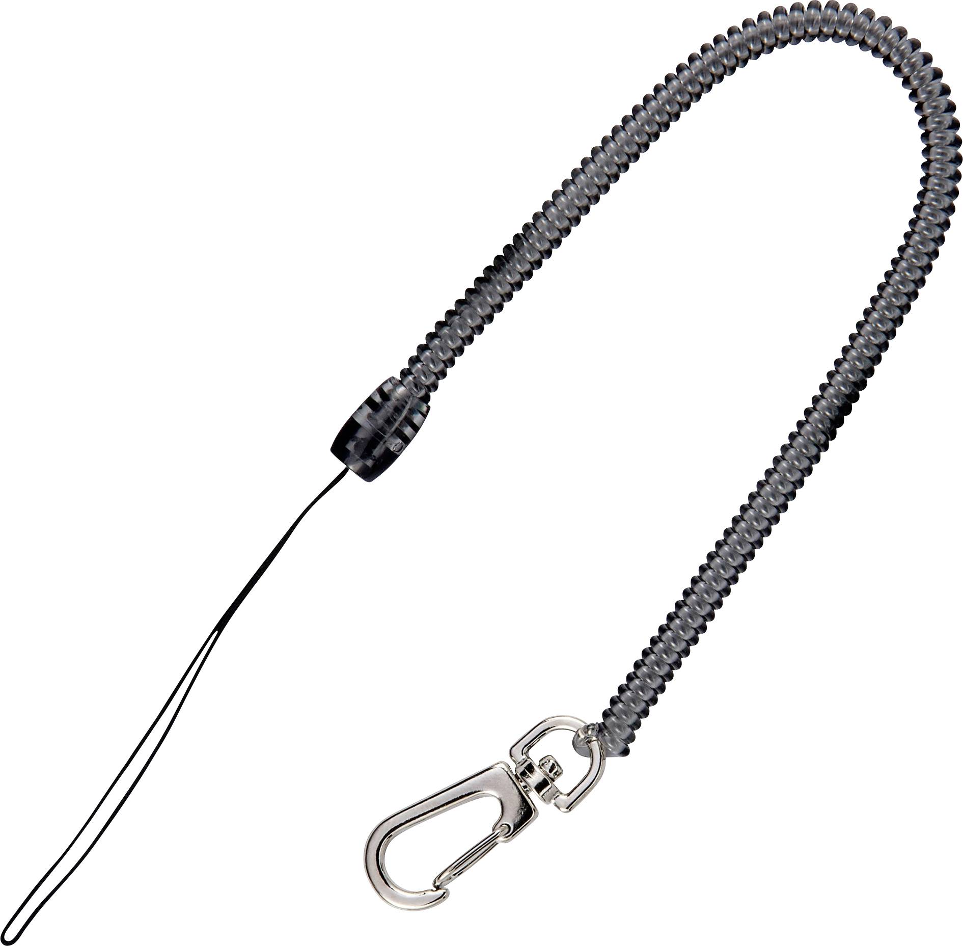 Rullet sort og grå strop med metalclip og tyndt håndledsbånd på hvid baggrund.