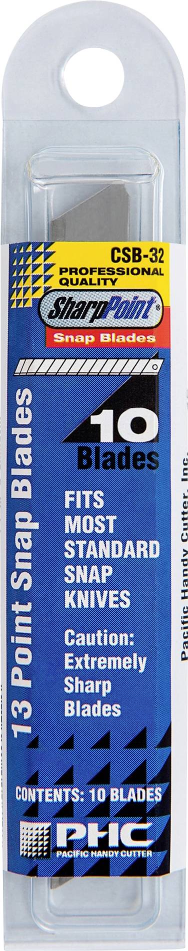 Pakke med 10 SharpPoint snapblade til standardsnapknive, mærket CSB-32, 13-punkts snapblade, med advarsel om ekstremt skarpe blade.