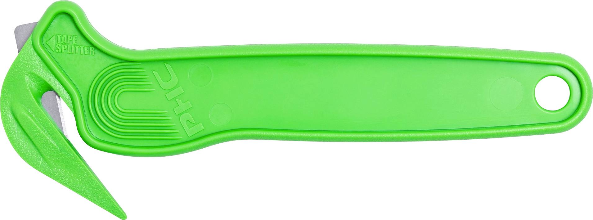 Grøn plastikflaskeåbner med langt håndtag og krogformet metalfri åbnertusch, vist på hvid baggrund.