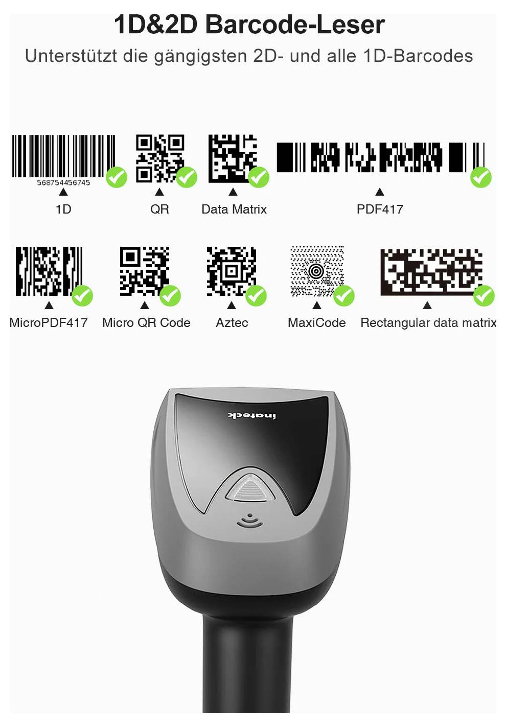 Produktgrafik af en håndholdt stregkodescanner, der understøtter 1D- og 2D-koder, viser kompatible typer: 1D, QR, Data Matrix, PDF417, MicroPDF417, Micro QR Code, Aztec, MaxiCode og rektangulær datamatrix.