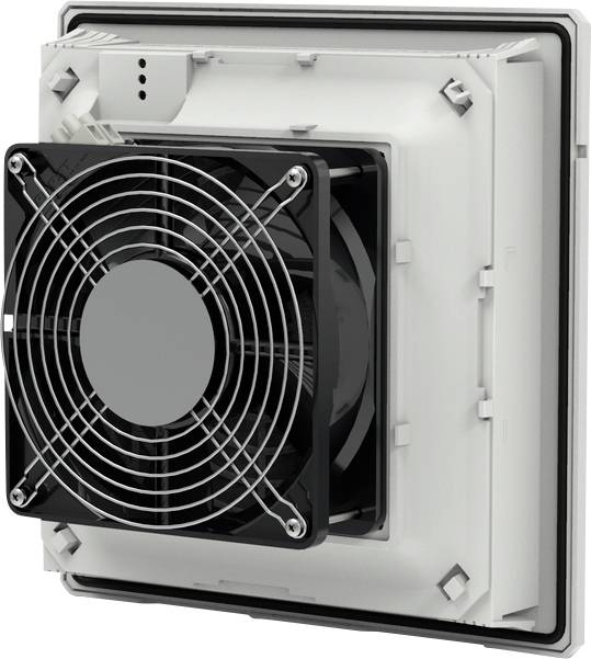 Frontalvisning af en vægmonteret ventilationsenhed med et sort cirkulært ventilatorsgitter i et hvidt hus.