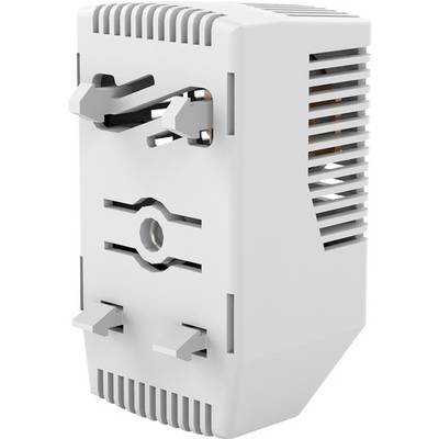 Hvid plug-in elektrisk adapter eller spændingsomformer med flere stikdutter og ventilationsslitser på siden, vist på en plain baggrund.