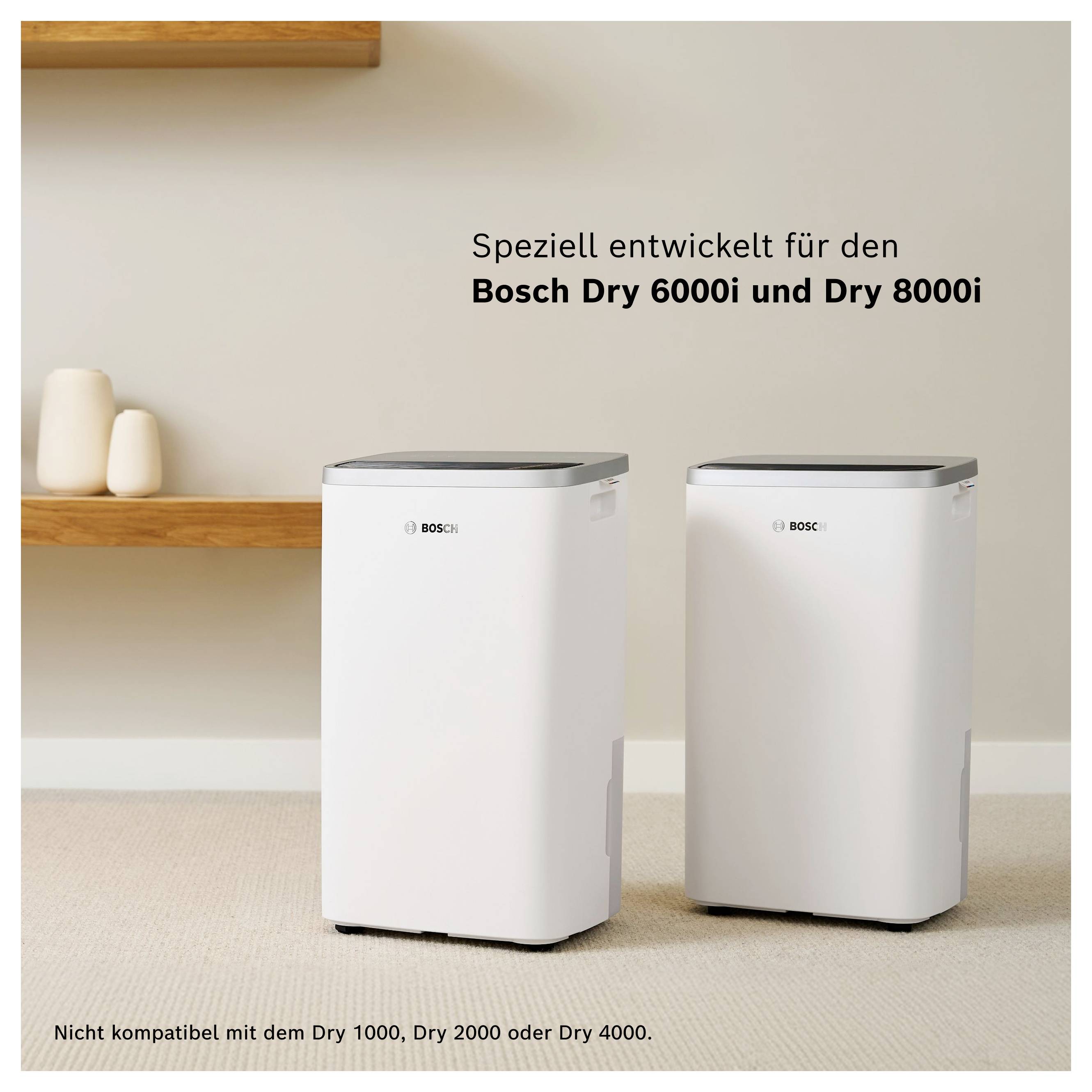 Reklame med to Bosch-luftafvogter; Tekst: 'Specielt udviklet til Bosch Dry 6000i og Dry 8000i'; ikke kompatibel med Dry 1000, 2000, 4000.