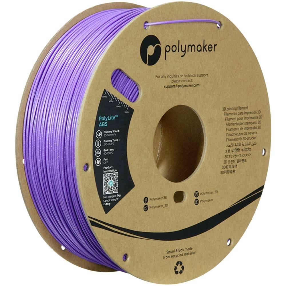 En spole af lilla Polymaker PolyLite ABS 3D-printerfilament på en brun papprulle.