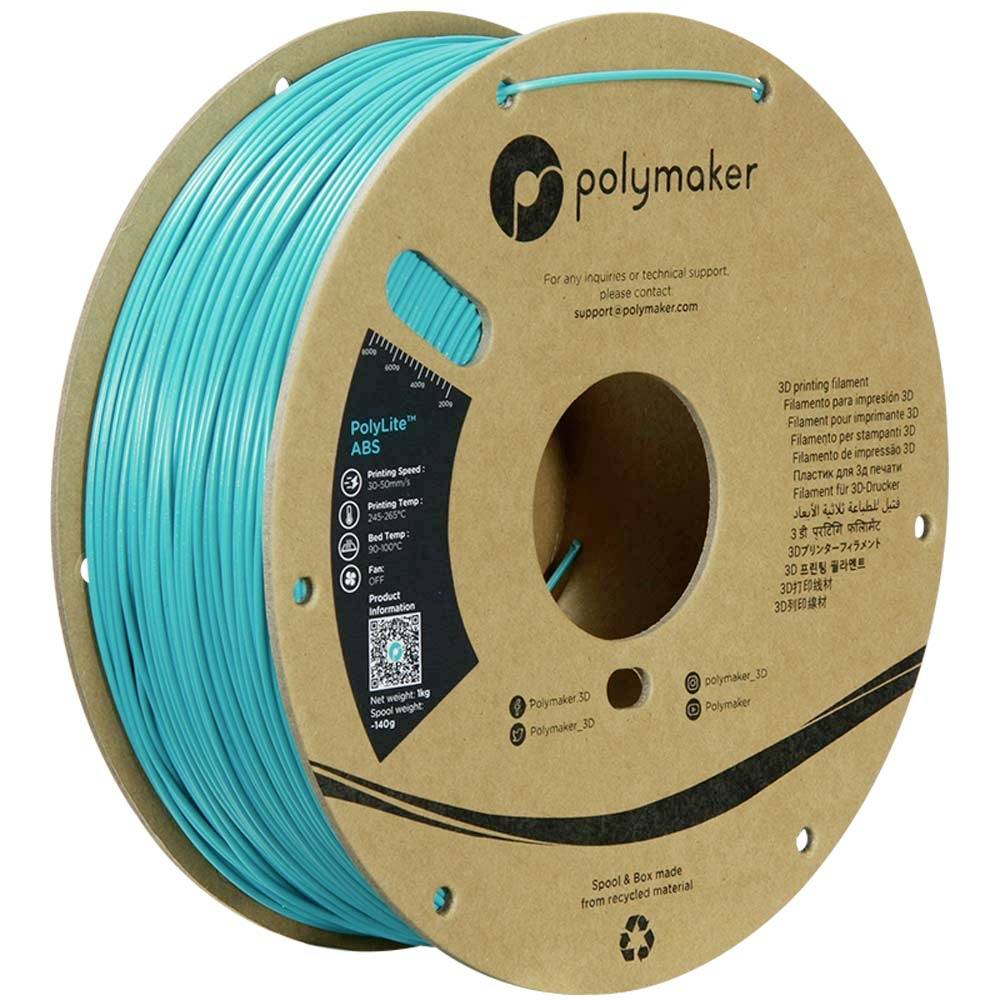 En spole af turkis Polymaker PolyLite ABS 3D-printfilament på en papirrulle med produktetiket og varemærke.