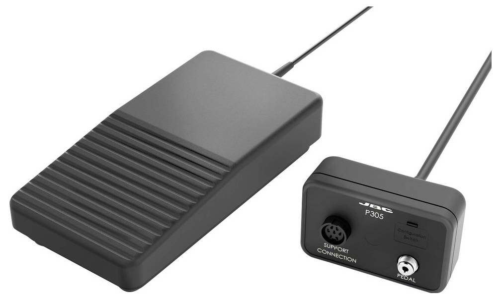 Fodpedal-controller med en riflet sort pedal og matchende kontrolboks mærket 'Support Connection' og 'Pedal', forbundet med et kabel.