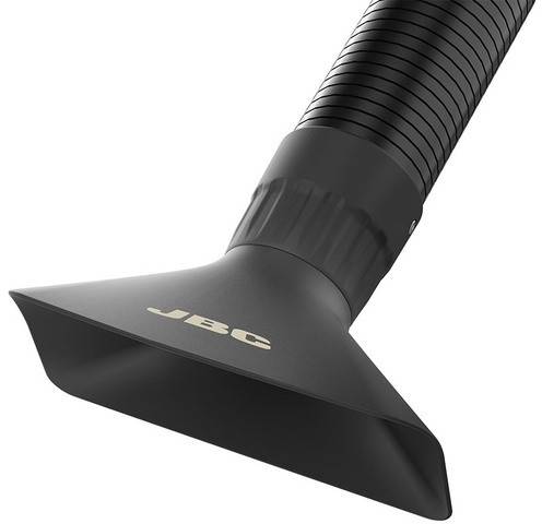 Sort JBC vakuum loddesprids tilbehør med en bred tragtformet spids og riflede slangeforbinder på en hvid baggrund.