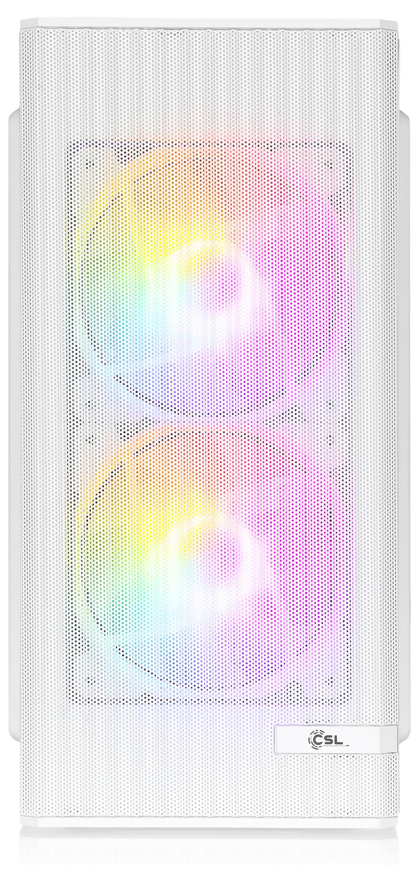 Hvidt computerhovedstativ med et meshfrontpanel og to store RGB-belystede blæsere synlige bag det, med et lille CSL-logo i nederste højre hjørne.