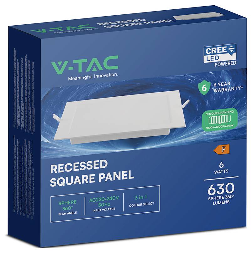 Boksemballage til et V-TAC indbygningsmonteringslampearmaturer med LED-panel i kvadratisk form, viser et hvidt lysarmaturer og etiketter for 6 watt, 630 lumen, CREE LED-drevet, og 6 års garanti.