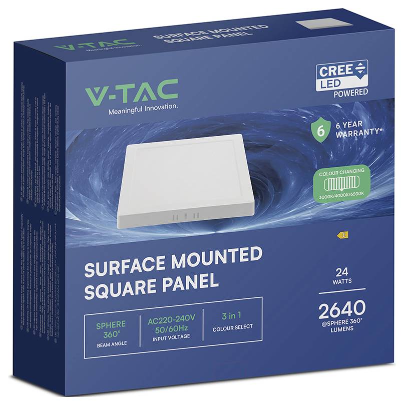 Æske med V-TAC overflademontering kvadratisk panel LED-lys, viser produktbillede og tekst: '24 watts', '2640 @sphere 360° lumens', '6 års garanti', og farveændring 3000K/4000K/6500K.
