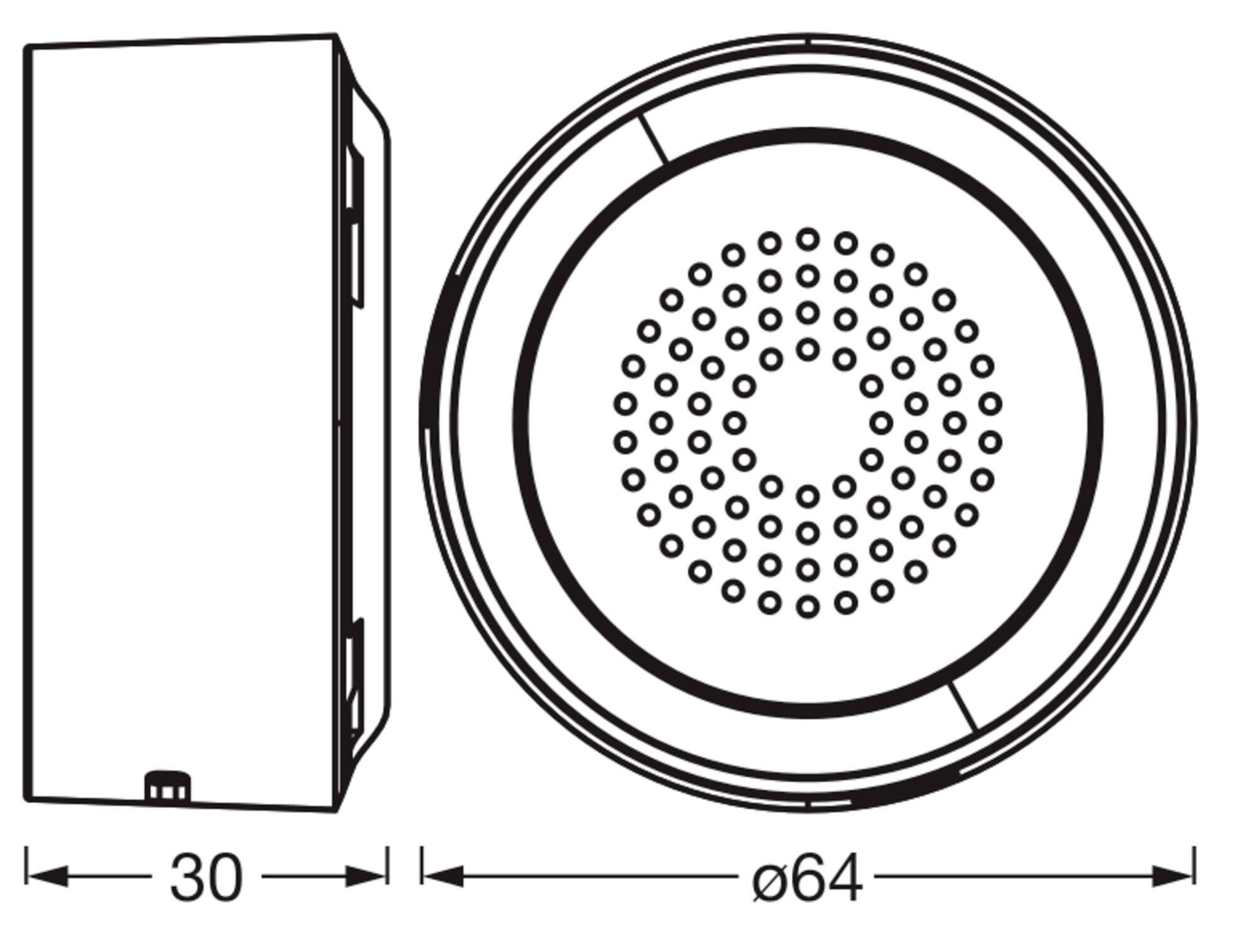 Teknisk tegning af en rund enhed, der viser front- og sidevisninger med dimensioner på 30 mm i bredde og 64 mm i diameter.