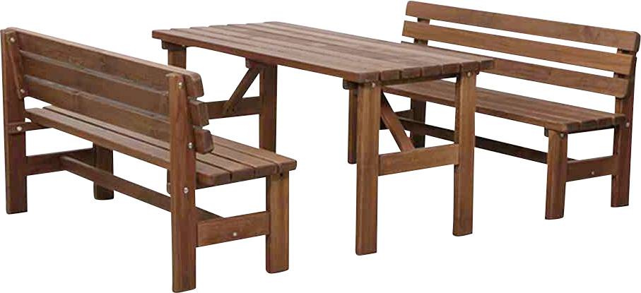To træbænke med et matchende rektangulært bord, vist som et terrasse- eller picnic-sæt på hvid baggrund.