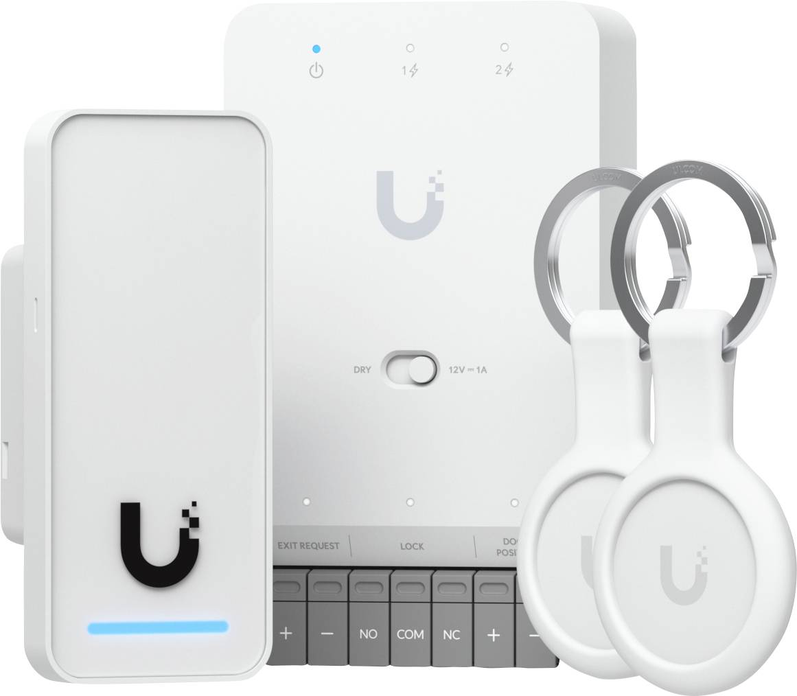 Hvidt smart lock-adgangssystem med hub og to nøglesmartere, der viser illuminerede statuslys og lås-kontroller.