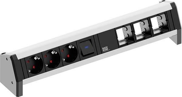Kompakt strømfordelingsenhed med tre europæiske stikkontakter, en strømkontakt og fire RJ45-netværksporte i et metalgehus.