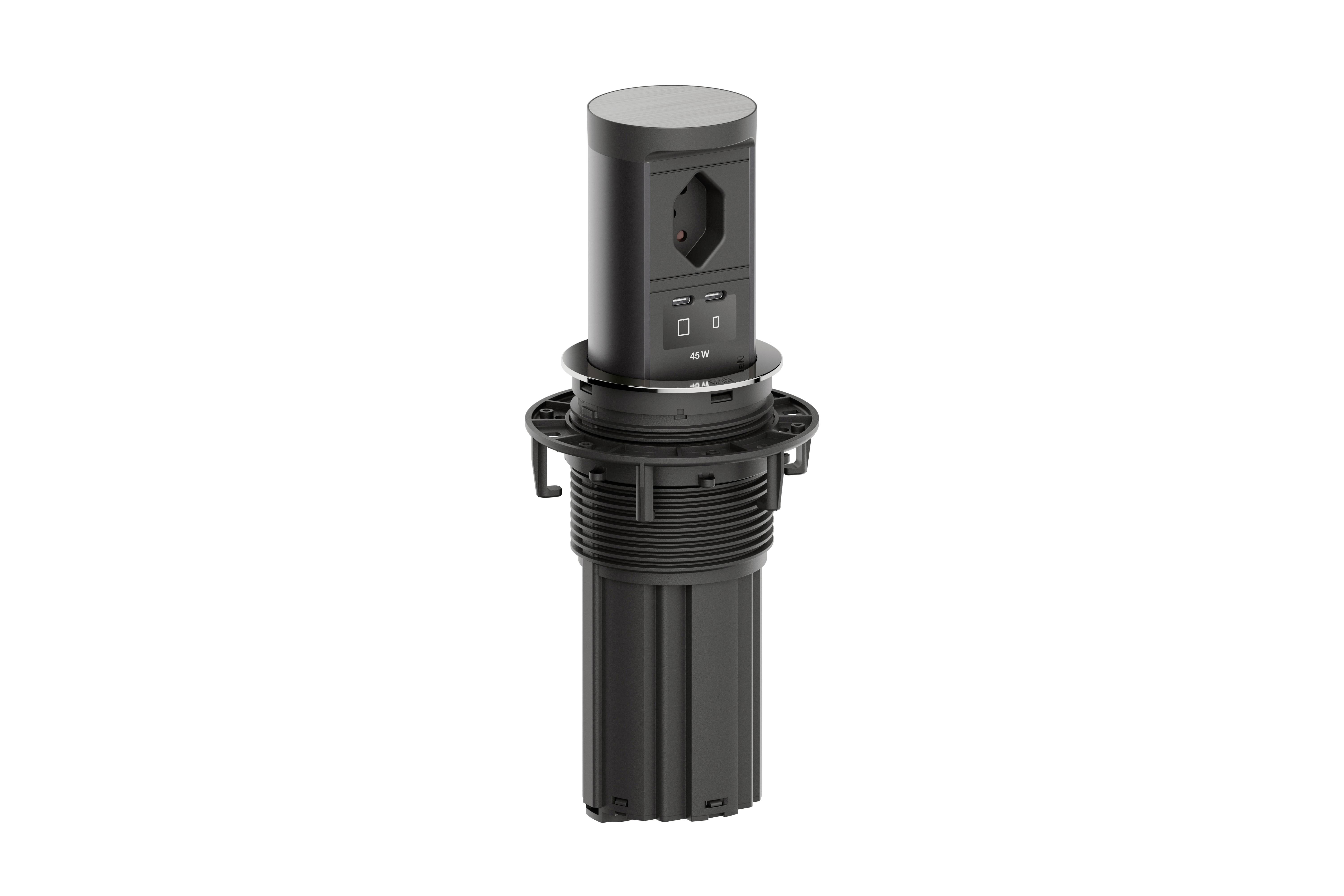 Sort cylindrisk elektronisk enhed med et sensormodul på toppen, vist i en produktstil isoleret visning på hvid baggrund.