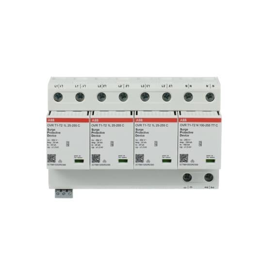 DIN-skinne monterede ABB overspenningsbeskyttelsesenheder med flere terminaler og indikatorer til elektrisk strombeskyttelse.