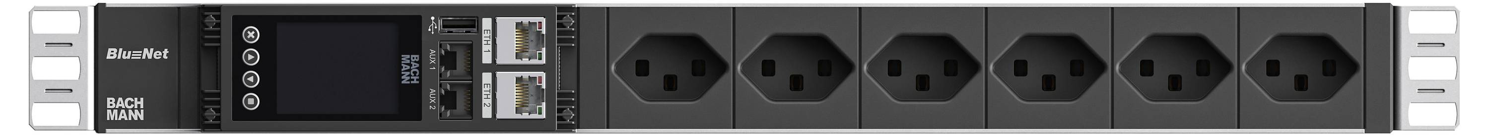 Rack-monteret netværks-strømdistributionsenhed med flere stikkontakter, Ethernet-porte og indikatorlamper på et sort frontpanel.