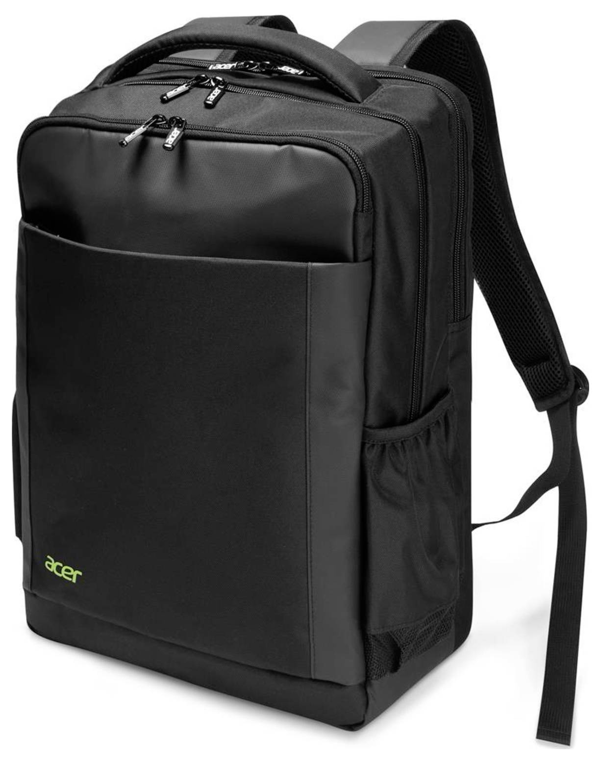 Sort Acer rygsæk med frontlommer med lynlås, sidemaskepocket og polstrede skulderstropper på hvid baggrund.