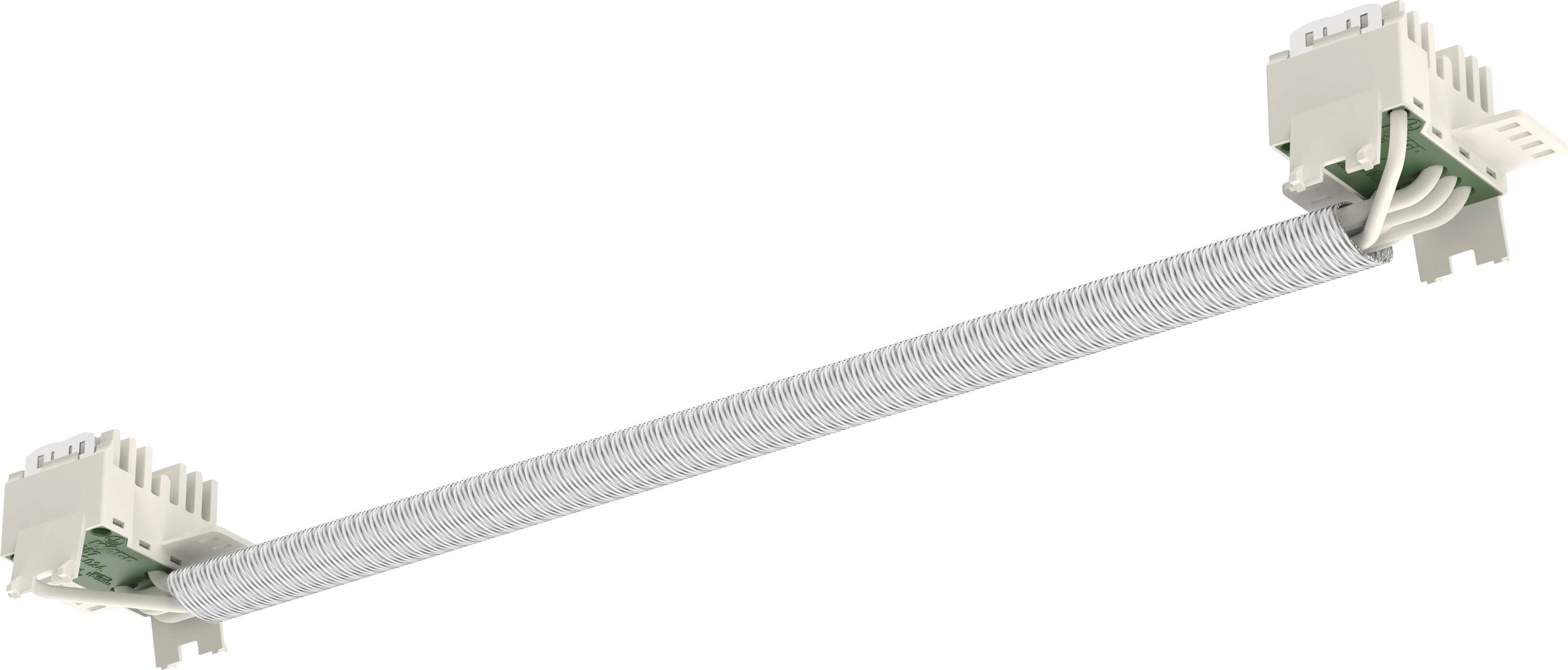 Hvidt kabel spændt mellem to små beige monteringsbeslinger på en enkel hvid baggrund.
