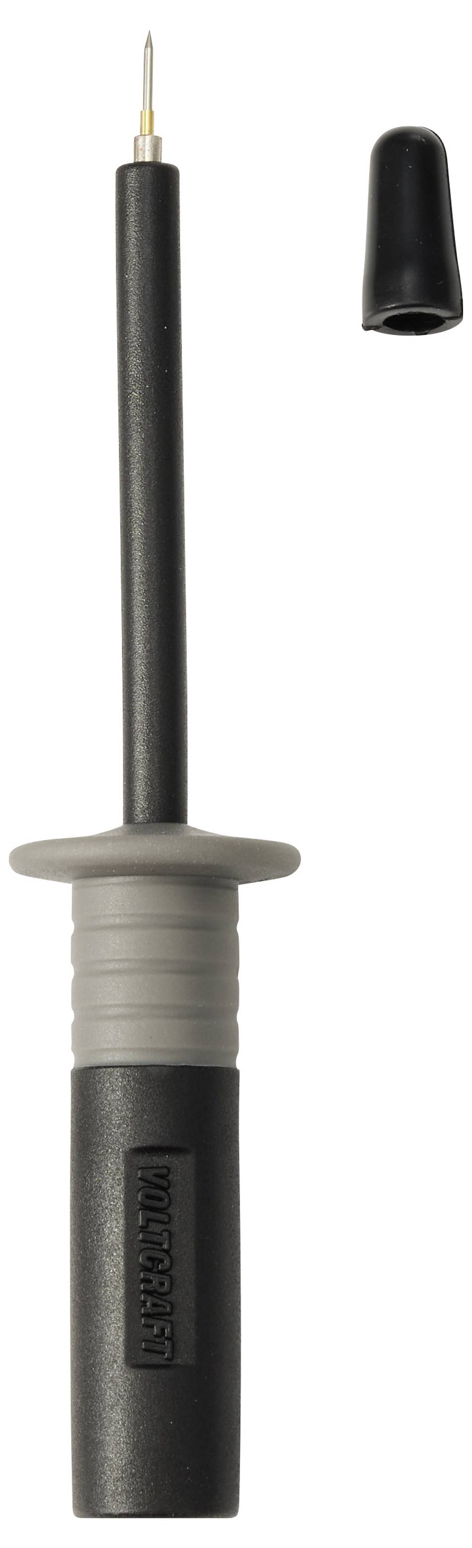 Sort cerumen-fjernelsesværktøj med lang håndtag og grå greb, vist med separat sort beskyttelseshætte
