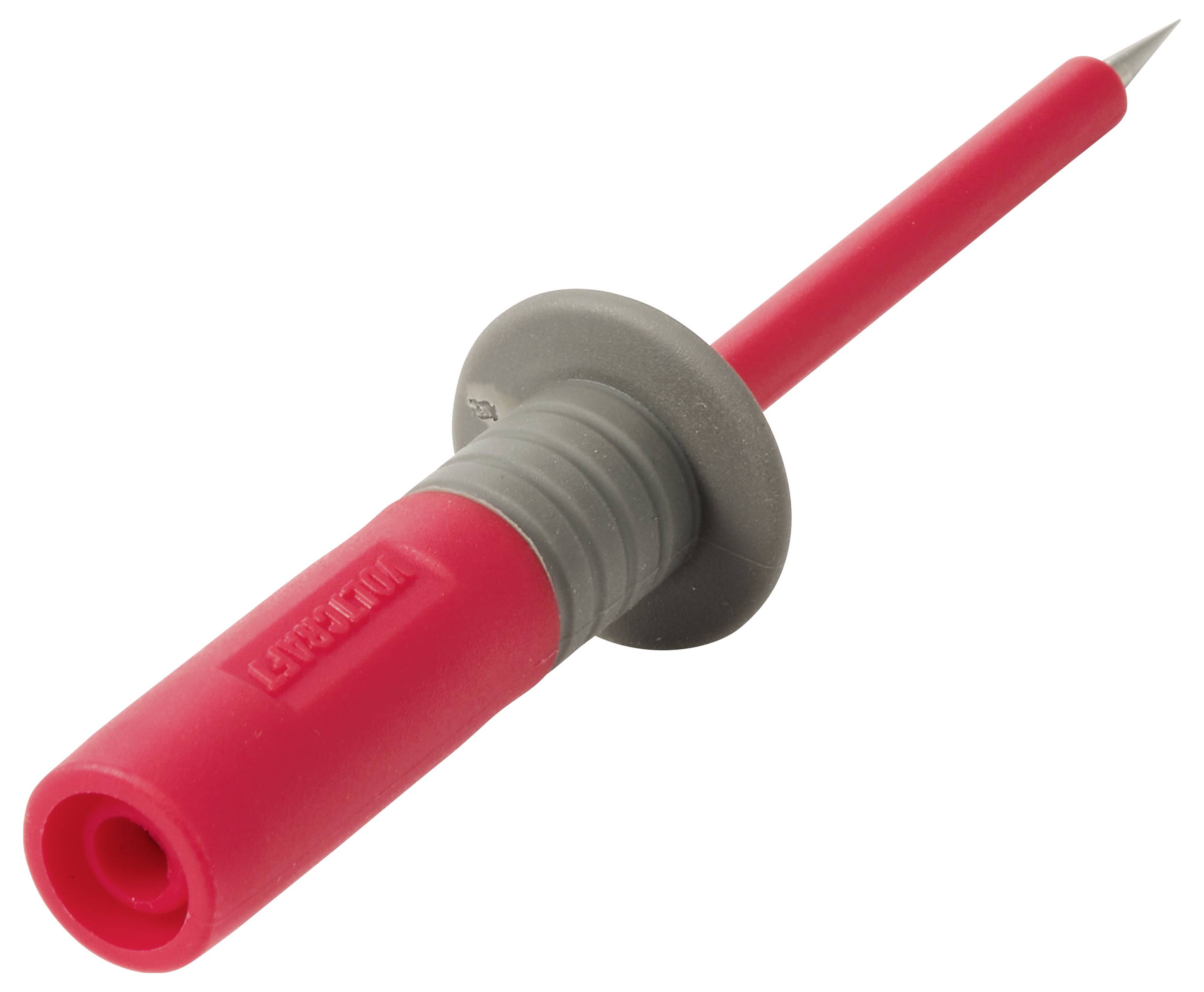 Rød isoleret testprobe eller probetap med grå krave og spidset metaltip på hvid baggrund.
