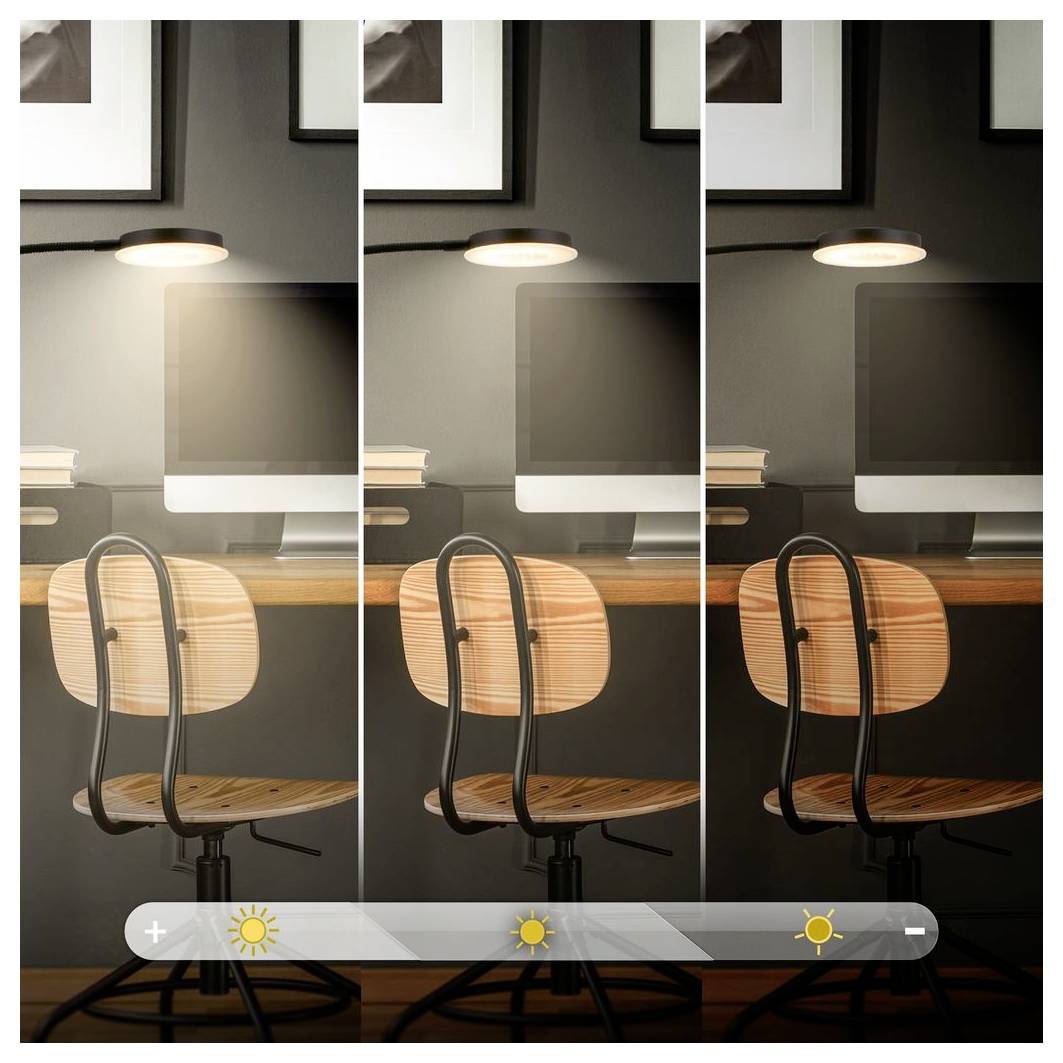 Tre-panels sammenligning af et skrivebord arbejdsrum under samme lampe, der viser varme lysintensiteter, der stiger fra venstre mod højre med en lysstyrke-skyder i bunden.