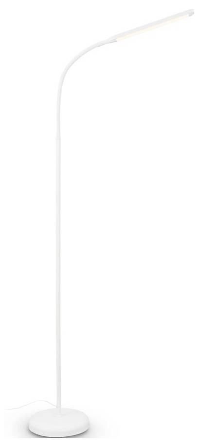 Minimalistisk hvid gulvlampe med en rund fod, slankt buet stativ og snalt vandret LED-lysbælte på en ufarvet baggrund.