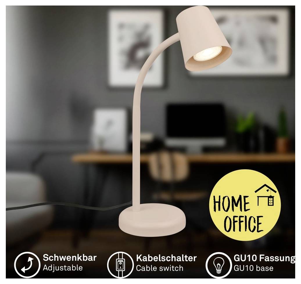 Rosa justerbar skrivebordlampe med bøjet hals og GU10-fatning på et hjemmekontor; etiketter læser 'Justerbar', 'Kabelafbryder' og 'GU10-fatning'.