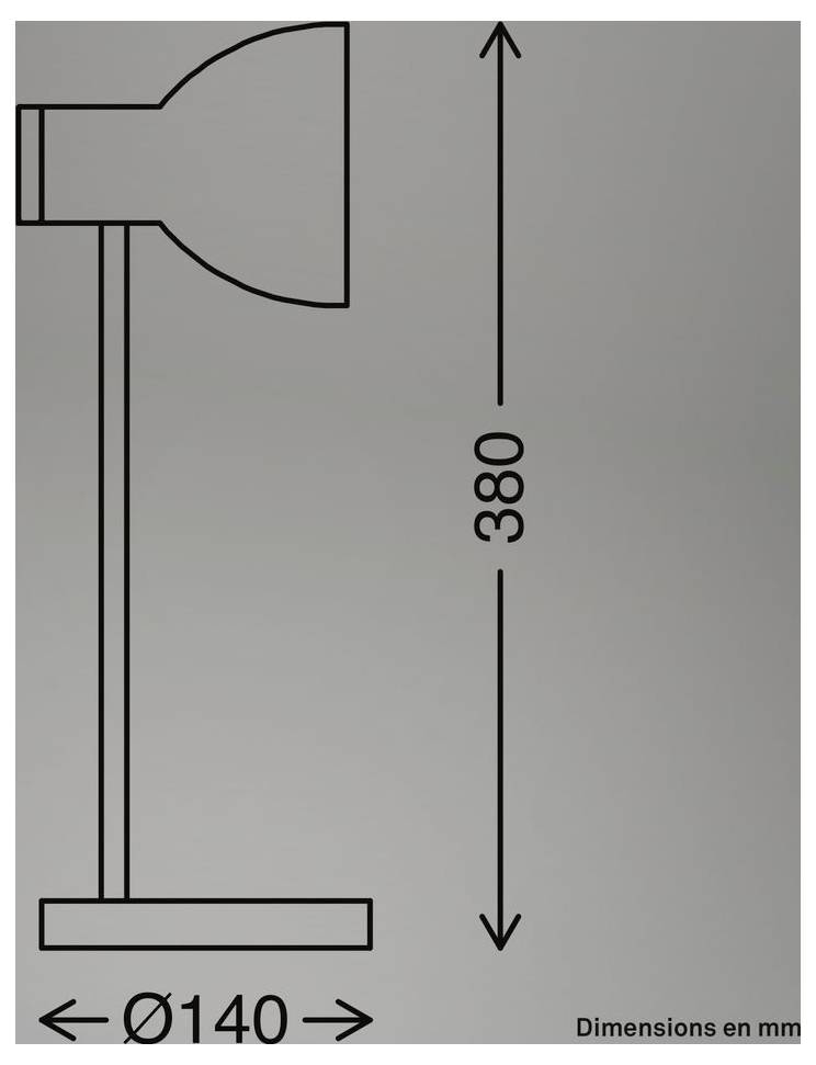 Teknisk diagram af en lampe med dimensioner: højde 380 mm og basediameter 140 mm.