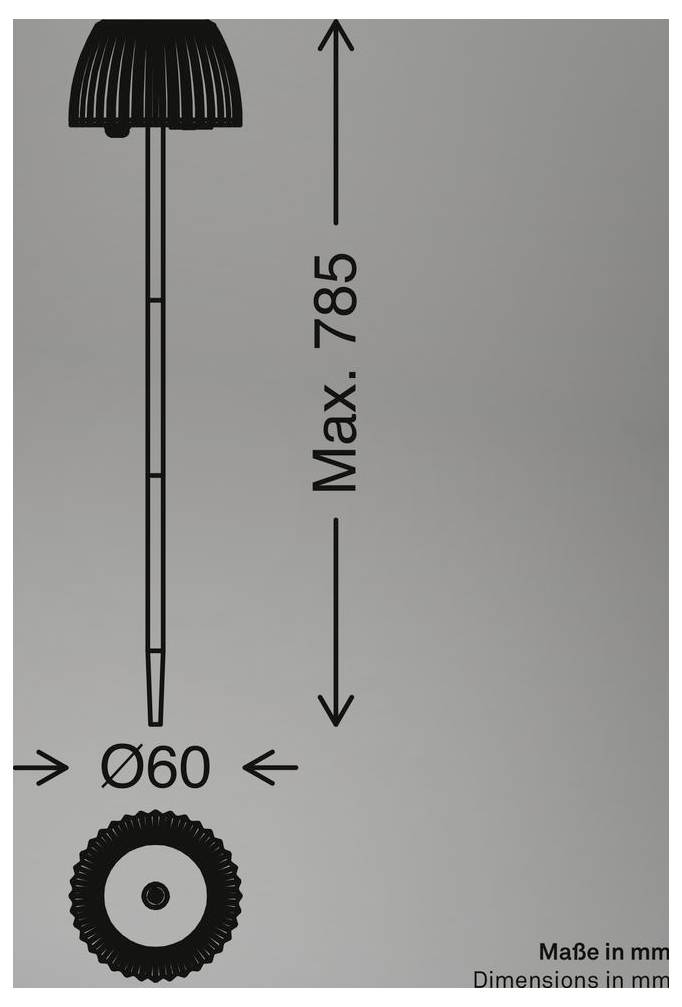 Teknisk tegning af en svampeformet udendørslysarmatur med dimensioner: maksimal højde 785 mm og diameter 60 mm, vist i side- og topvisning.