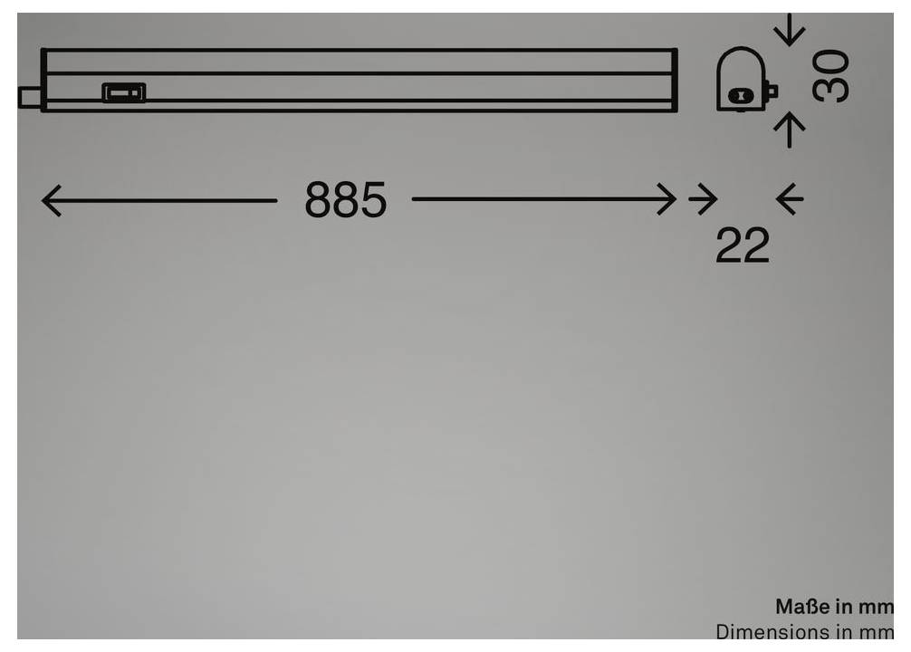 Teknisk dimensionstegning af en lang rektangulær fixture, mærket med 885 mm længde, 30 mm højde og 22 mm slutbredde; dimensioner vist i mm.