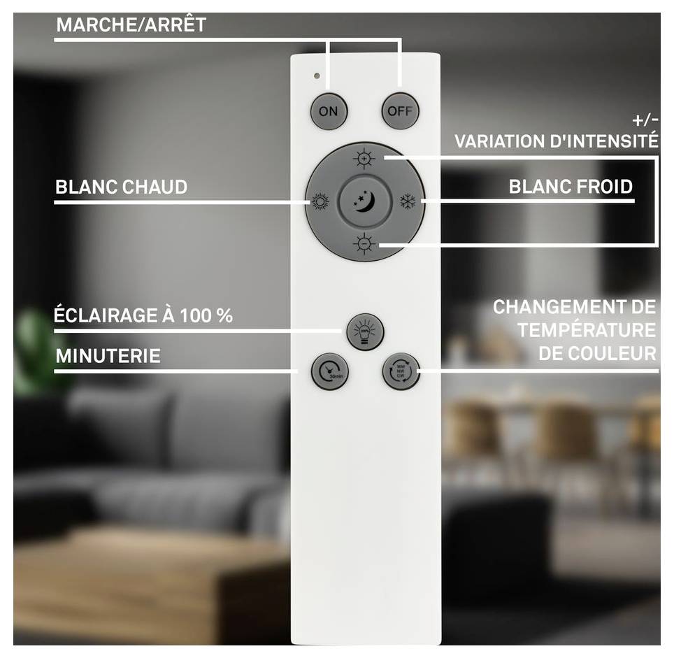 Mærket fjernbetjening til en lampe, der viser tænd/sluk, lysstyrkevariation, varm/kølig hvidt, 100% lys, timer og kontroller til ændring af farvetemperatur.