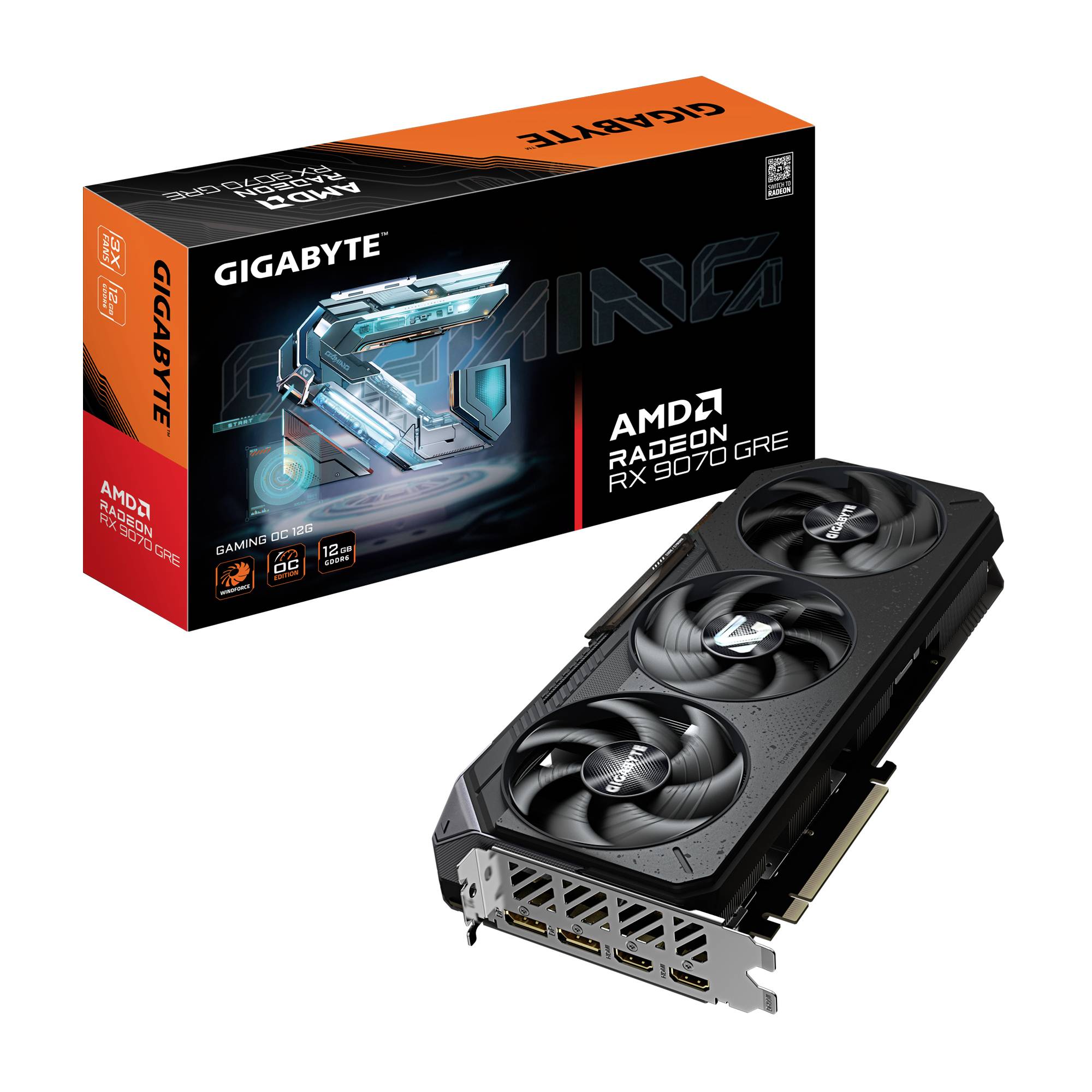 Gigabyte AMD Radeon RX 9070 GRE-grafikkort med triple-fan køler vist ved siden af dets detailhandelsboks.