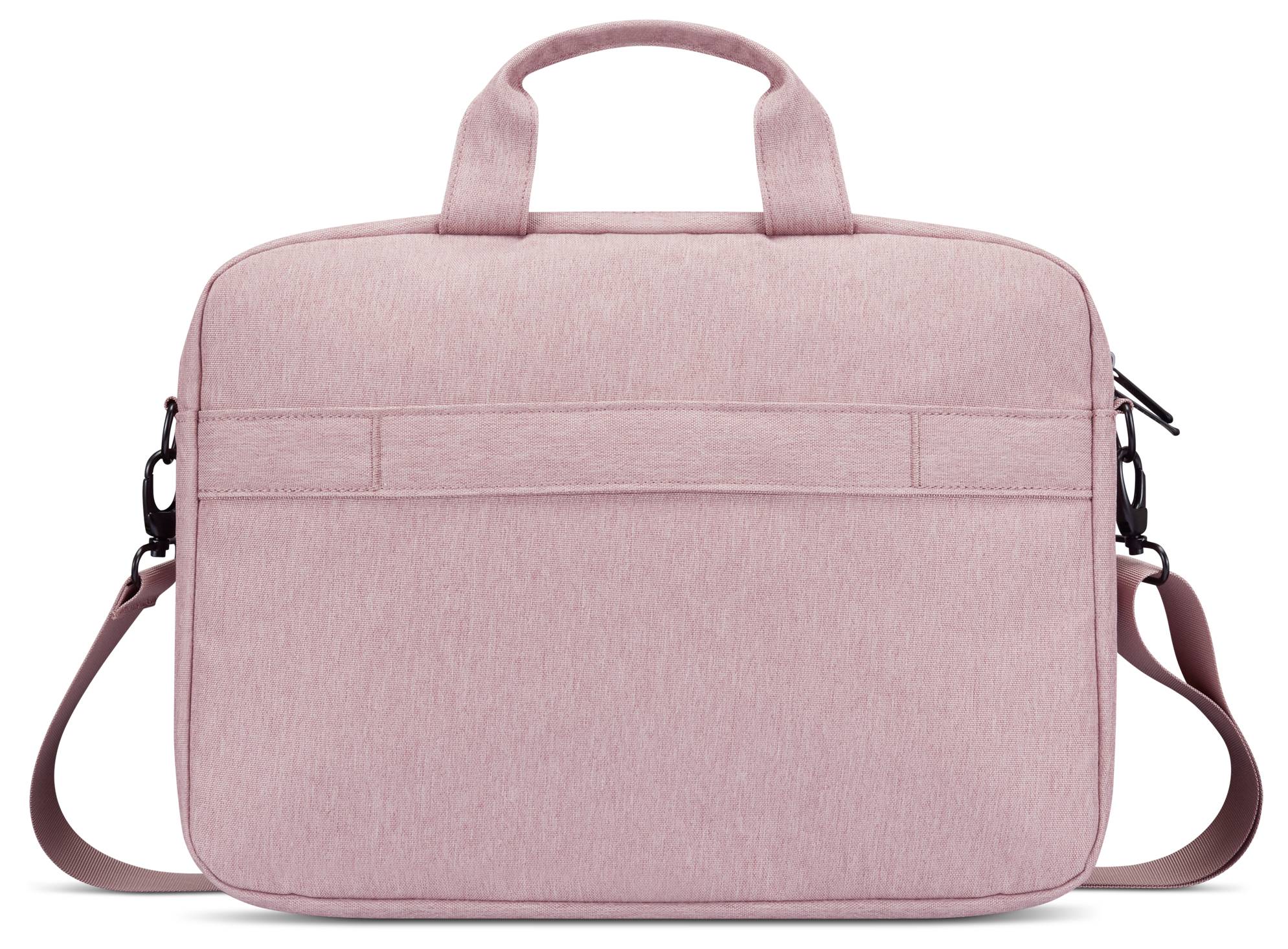 Pink bærbar computertaske med tophanke og skulderrem, vist forfra på hvid baggrund.