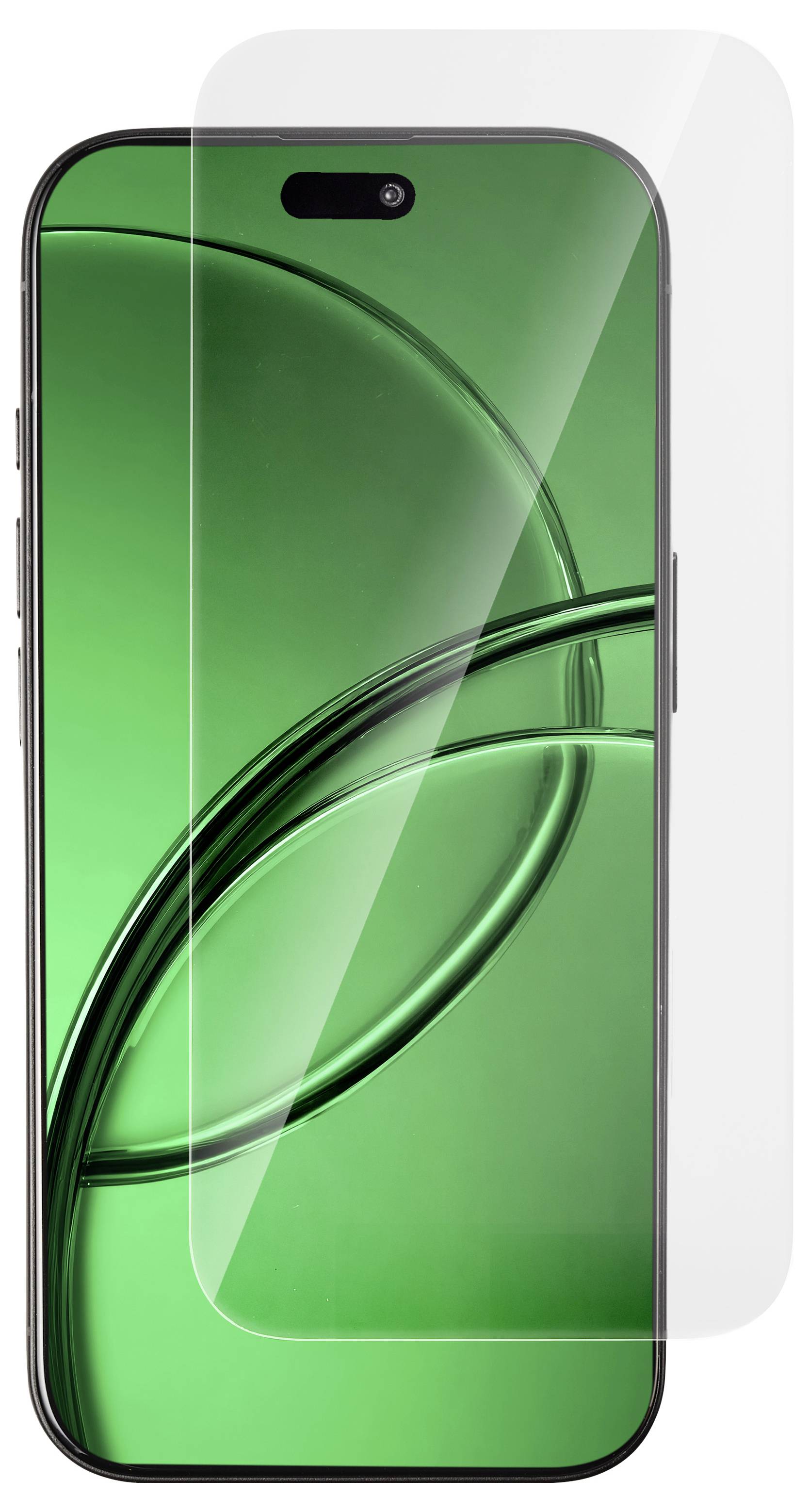 Frontvisning af en smartphone med et grønt abstrakt baggrundsbillede og et klart beskyttende skærmbeskytterglas centreret på displayet.