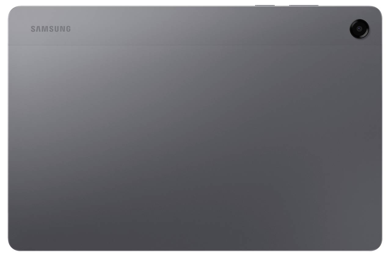 Bagsiden af en grå Samsung-tablet med et enkelt bagkamera i øverste højre hjørne.