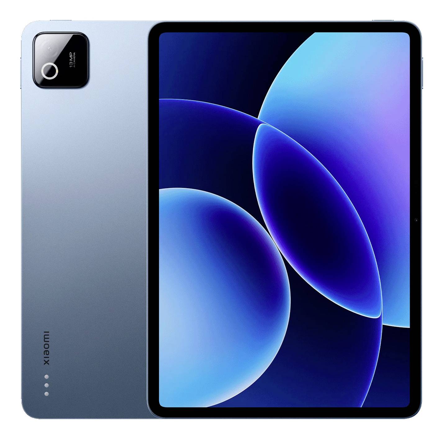 Sølvfarvede Xiaomi tablet vist forfra og bagfra, med sort kameramodul og blåt abstrakt baggrundsbillede på displayet.