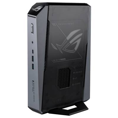 Kompakt ASUS ROG stationær computertårn med mørkt transparent frontpanel, synligt logo, frontporte og vinklet sokkel.