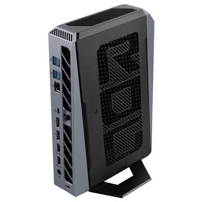 Kompakt sort skrivebords-mini-pc-tower med ventilerede sider og foranstillede porte, som står oprejst på en støttebasis.