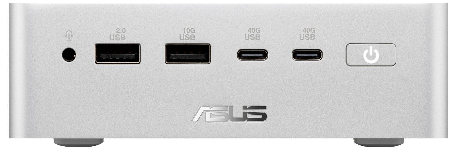 Nærbillede af ASUS-enhedens frontpanel med porte mærket 2.0 USB, 10G USB og 40G USB, samt en strømknap.